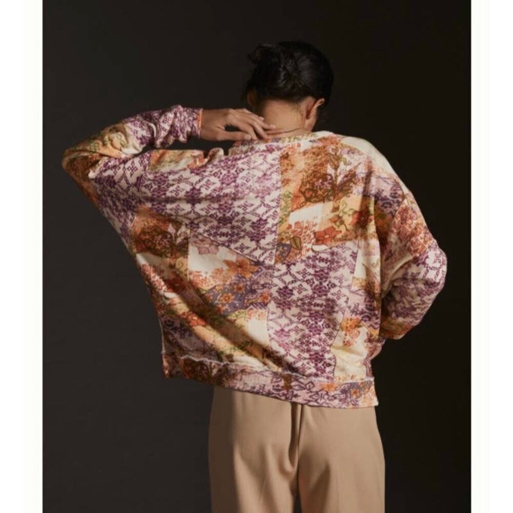 Anthropologie Pilcro L Patchwork Split Neck Sweatshirt Floral Boho Casual - Picture 2 of 9